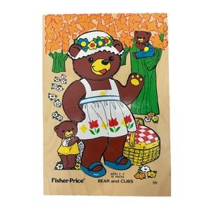 Vintage 1976 Fisher~Price 10~Piece Wooden Puzzle #506 BEAR and‎ CUBS Ages 2-5